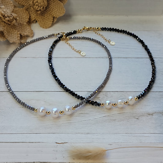 Translucent Black or Gray Choker - Crystals and Freshwater Pearls