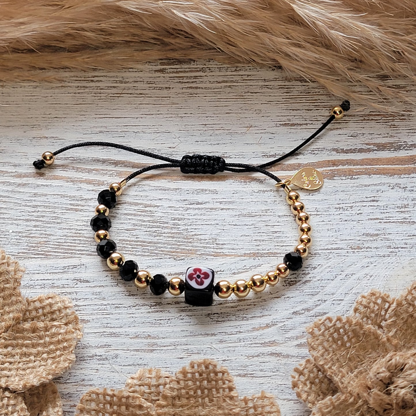 Crystal Bracelet With Square Glass Bead &18K Gold-Plated Details (Available in Many Colors)