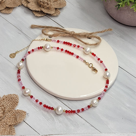Pink & Red Crystal - Freshwater Pearls Necklace