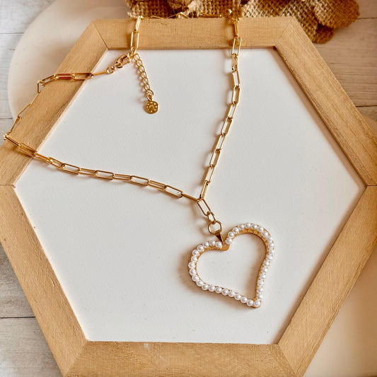 Paperclip Chain & Pearl Heart Pendant