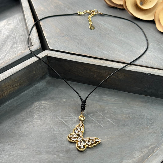 Cord Necklace with Crystal Butterfly Pendant