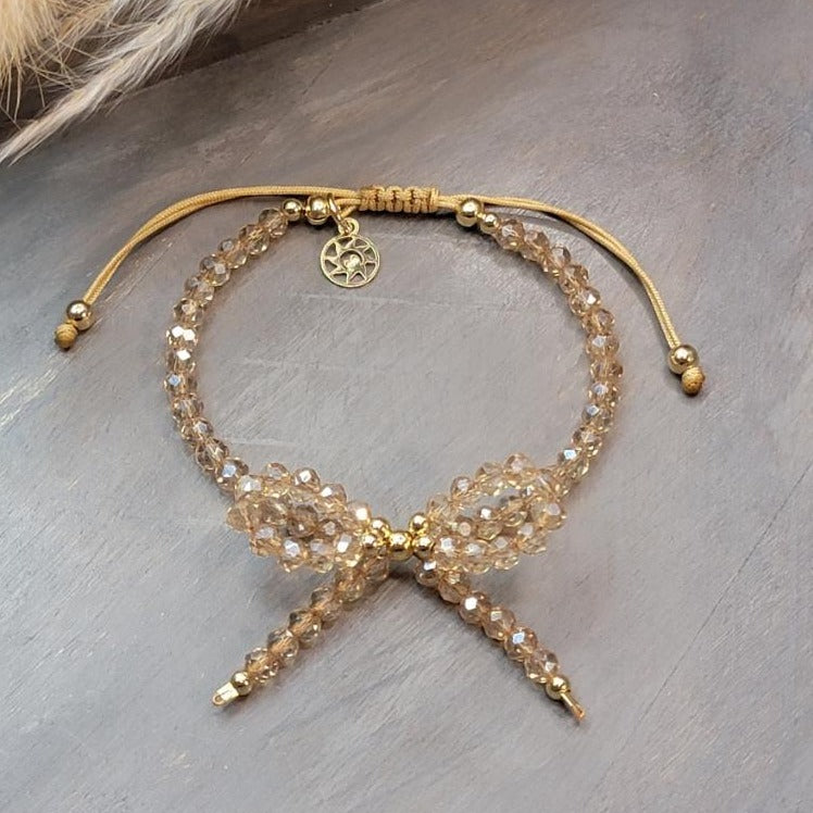 Adjustable Bow Crystal Bracelet with Beige Cord