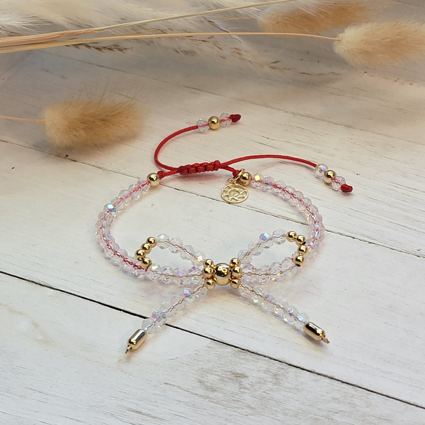 Adjustable Bow Crystal Bracelet with Red Cord