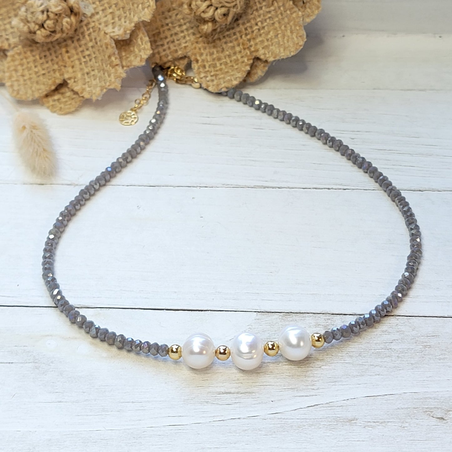 Translucent Black or Gray Choker - Crystals and Freshwater Pearls