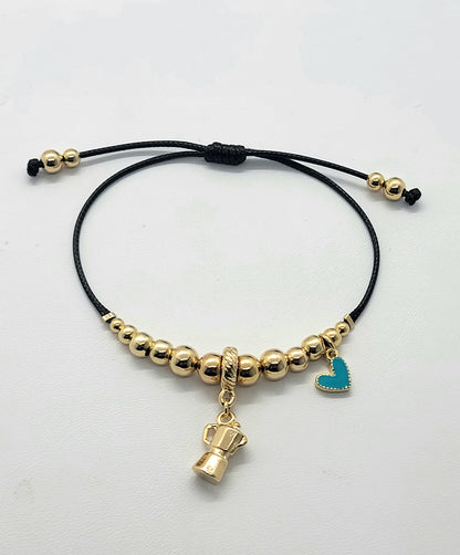 Handmade Adjustable Bracelet with 18k Goldfilled Beads, Coffee Maker and Heart Charm