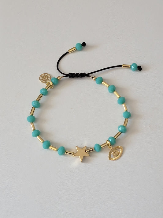 Handmade Adjustable Turquoise Crystal Bracelet with 18k Gold-Filled Star, Tube Beads, and Evil Eye Outline Pendant