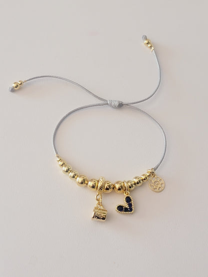 Handmade Adjustable Bracelet with 18k Goldfilled Beads, Coffee Maker and Heart Charm