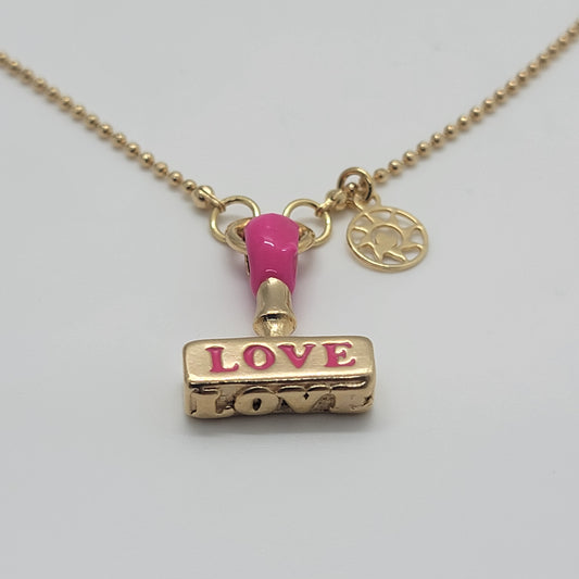 Handmade 18k Gold-Filled Chain Necklace, Neon Pink Love Stamp ♡