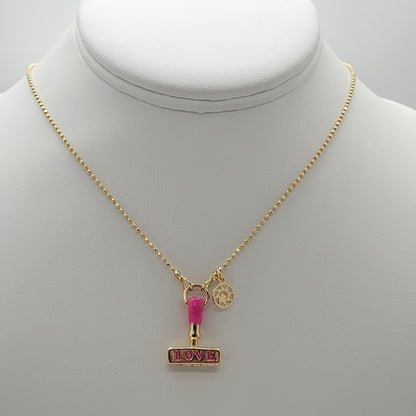 Handmade 18k Gold-Filled Chain Necklace, Neon Pink Love Stamp ♡