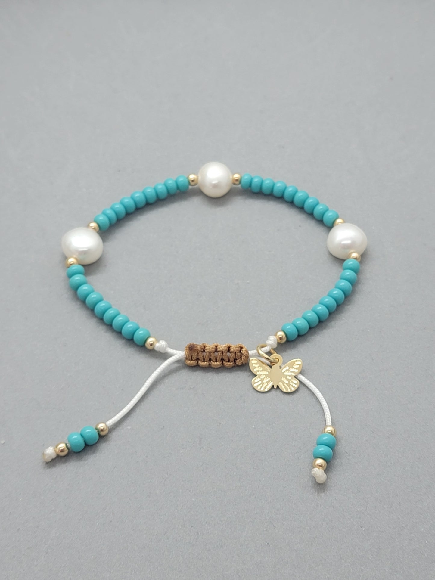 Handmade Beaded Bracelet with Freshwater Pearls and 18k Gold-Filled Butterfly Charm