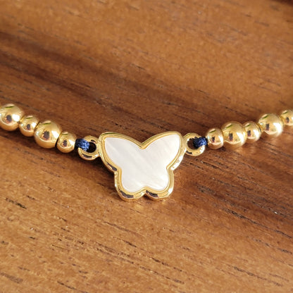 Handmade Adjustable Bracelet with Nacre Butterfly Charm and 18k Gold-Filled Beads
