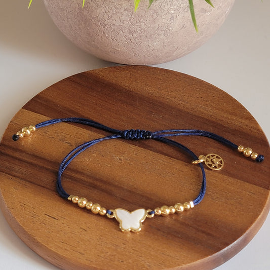 Handmade Adjustable Bracelet with Nacre Butterfly Charm and 18k Gold-Filled Beads