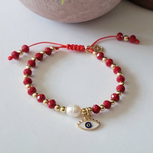Red Crystal Bracelet with Small 18k Gold-filled Beads, White Evil Eye Charm, and Freshwater Pearl
