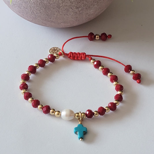Handmade Crystal Bracelet with Turquoise Cross Charm, Freshwater Pearl and 18k Gold-Filled Beads.