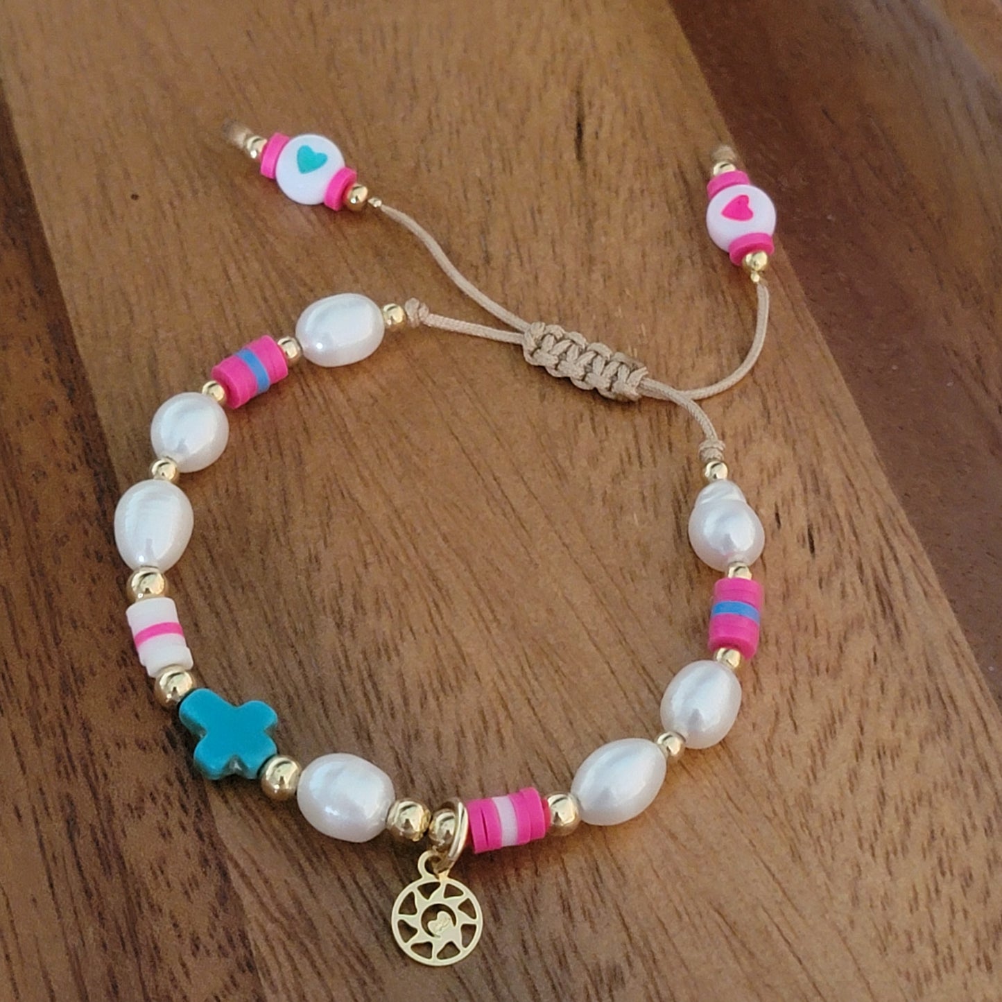 Handmade Colorful Disc Bead Bracelet with Freshwater Pearls and Turquoise Cross