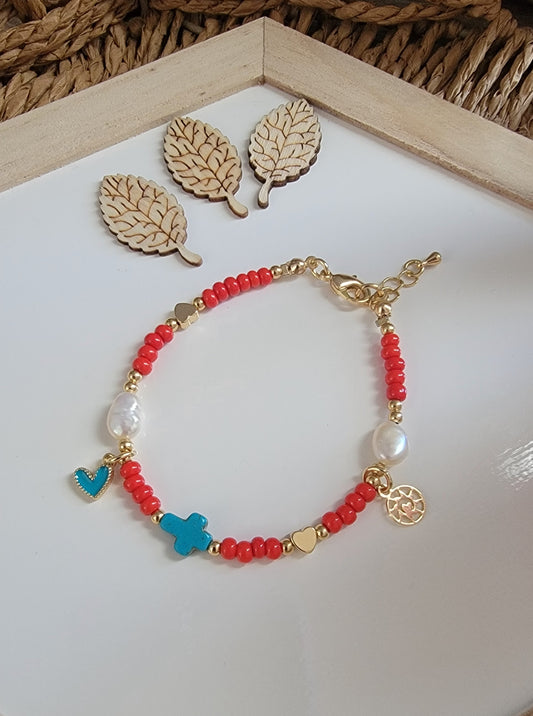 Summer Beaded Bracelet, Turquoise Cross and Heart. Freshwater Pearls and 18k Gold-Filled details