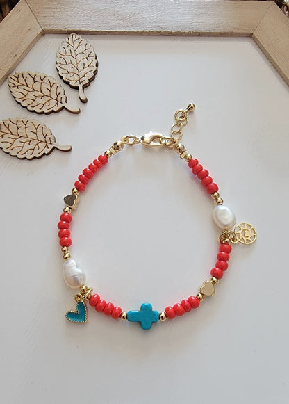 Summer Beaded Bracelet, Turquoise Cross and Heart. Freshwater Pearls and 18k Gold-Filled details