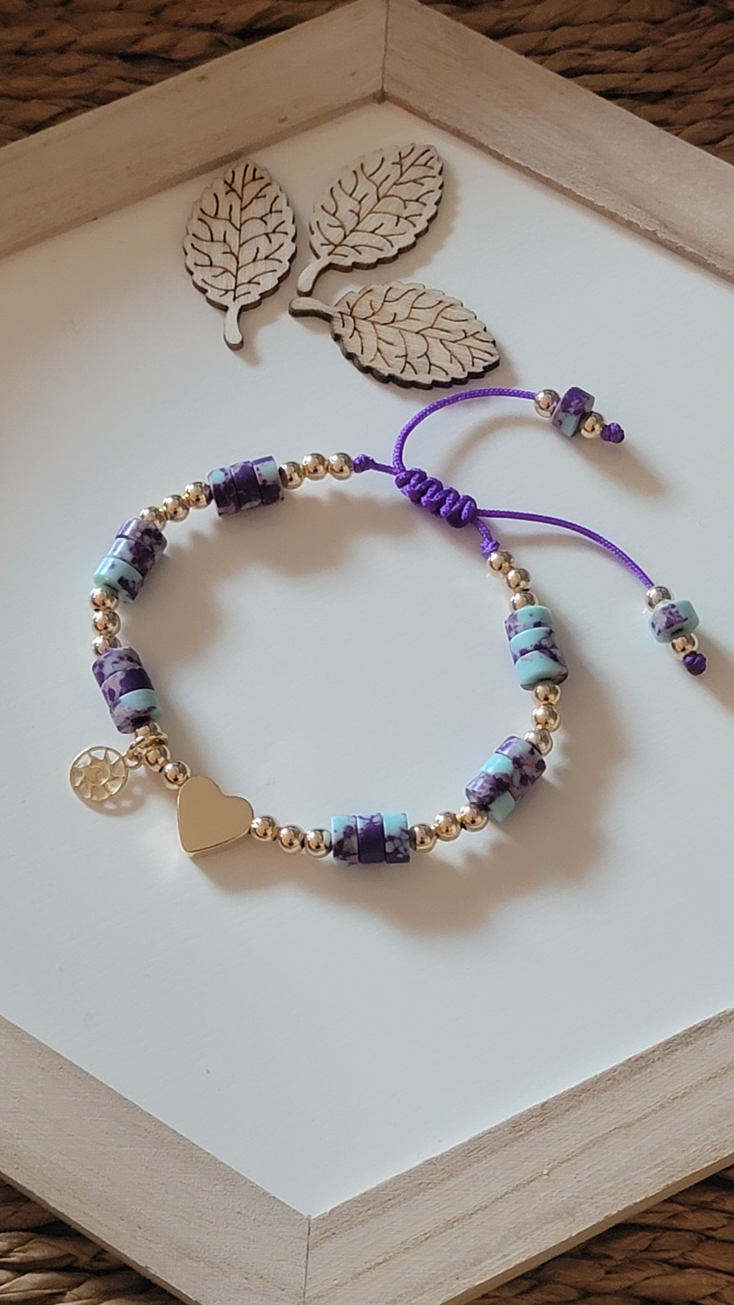 Handmade Bracelet 18k Gold-Filled Heart and  Beads. Turquoise and Purple Beads