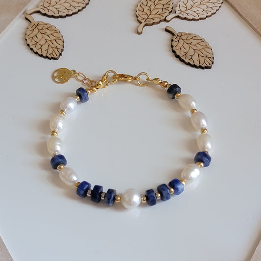 Handmade Bracelet. Dark Blue Beads. Freshwater Pearls, and 18k Gold-Filled Details