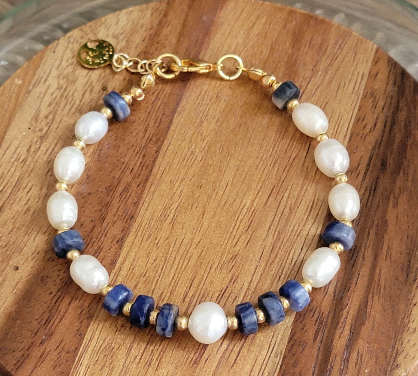 Handmade Bracelet. Dark Blue Beads. Freshwater Pearls, and 18k Gold-Filled Details