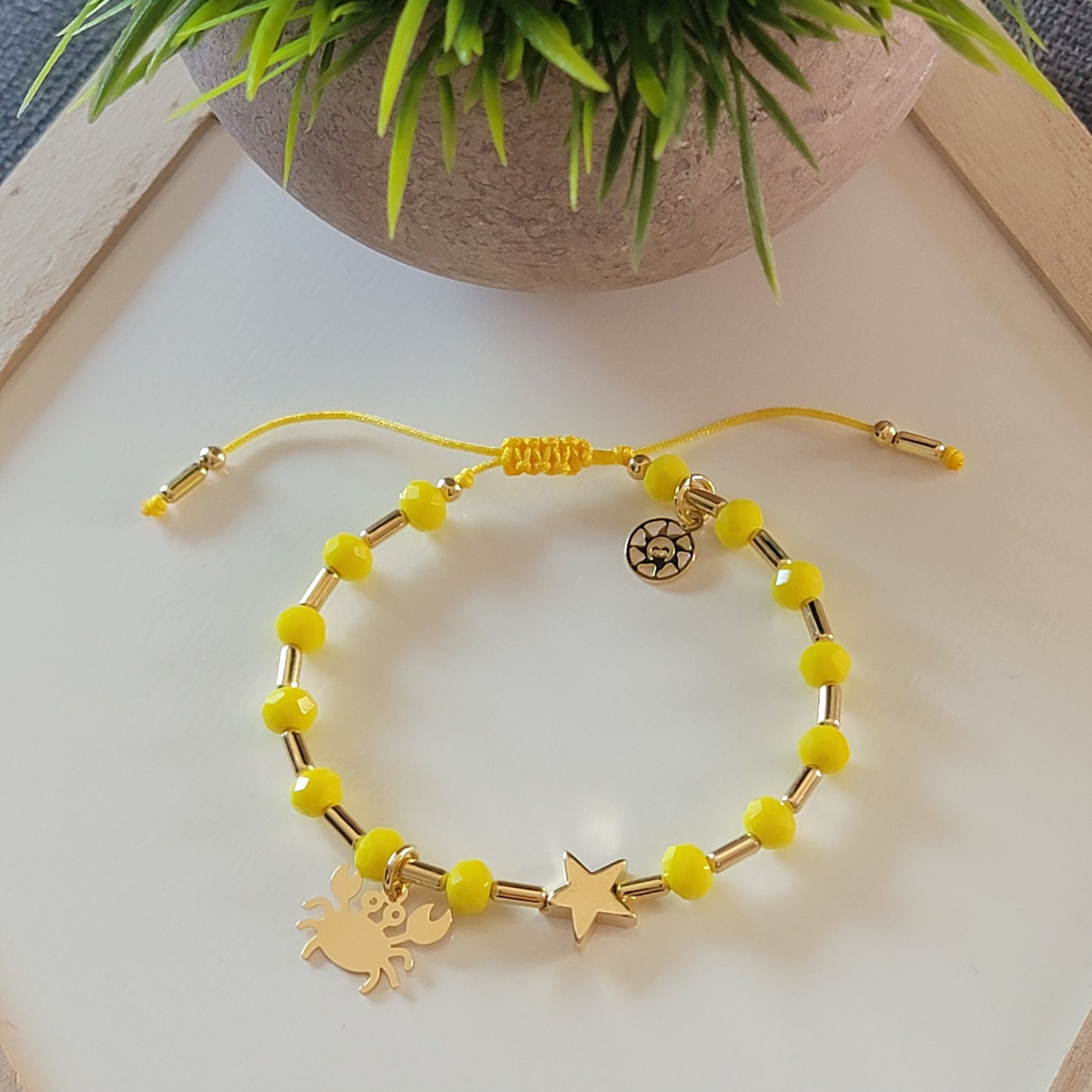 Crab and Star Bracelet, Yellow Crystals and 18k Gold-Filled Charms, Tube Beads, and Details