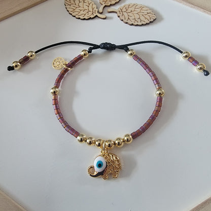 Adjustable Beaded Bracelet with 18k Gold-Filled Evil Eye Elephant or Starfish Charm