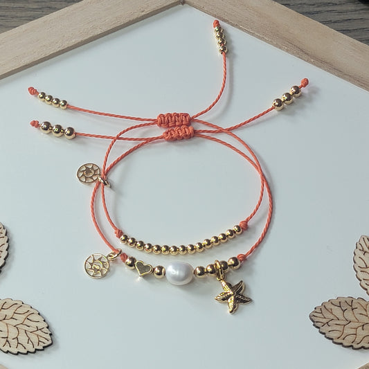 Set of 2 Bracelets With 18K Gold-filled Beads, Freshwater Pearl, Starfish Charm Mix & Match Colors