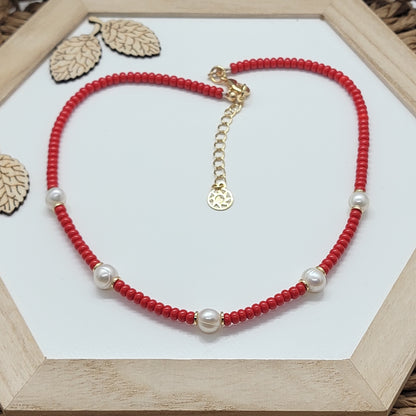Red Beaded Choker Necklace With Freshwater Pearls
