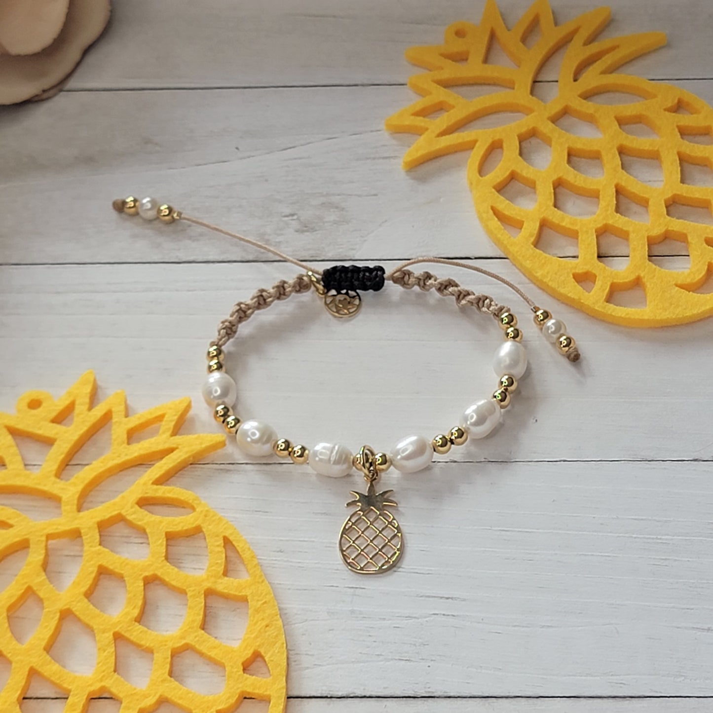 Pineapple Handmade Bracelet. 18k Gold-Filled Pendant. Freshwater Pearls