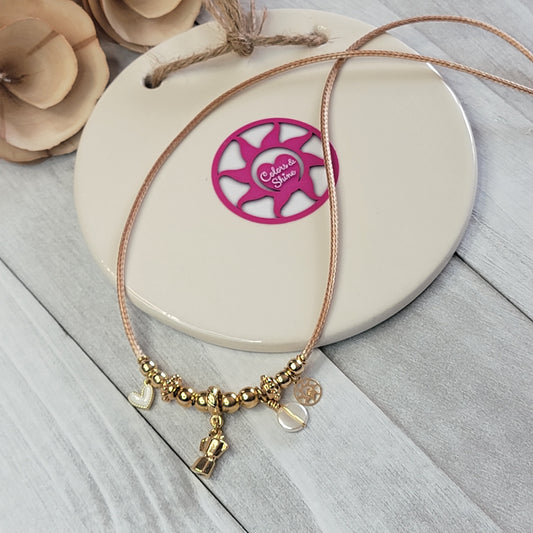 Necklace with 18k Gold-Filled Coffee Maker Charm and Beads, White Heart and Flat Pearl.