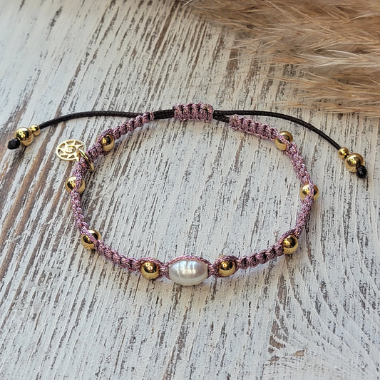 Adjustable Metallic Cord Bracelet with Pearl and Beads