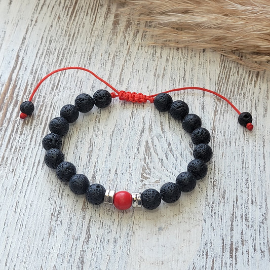 Black Lava Stone Beaded Bracelet for Men, Red Bead and Silver Details!
