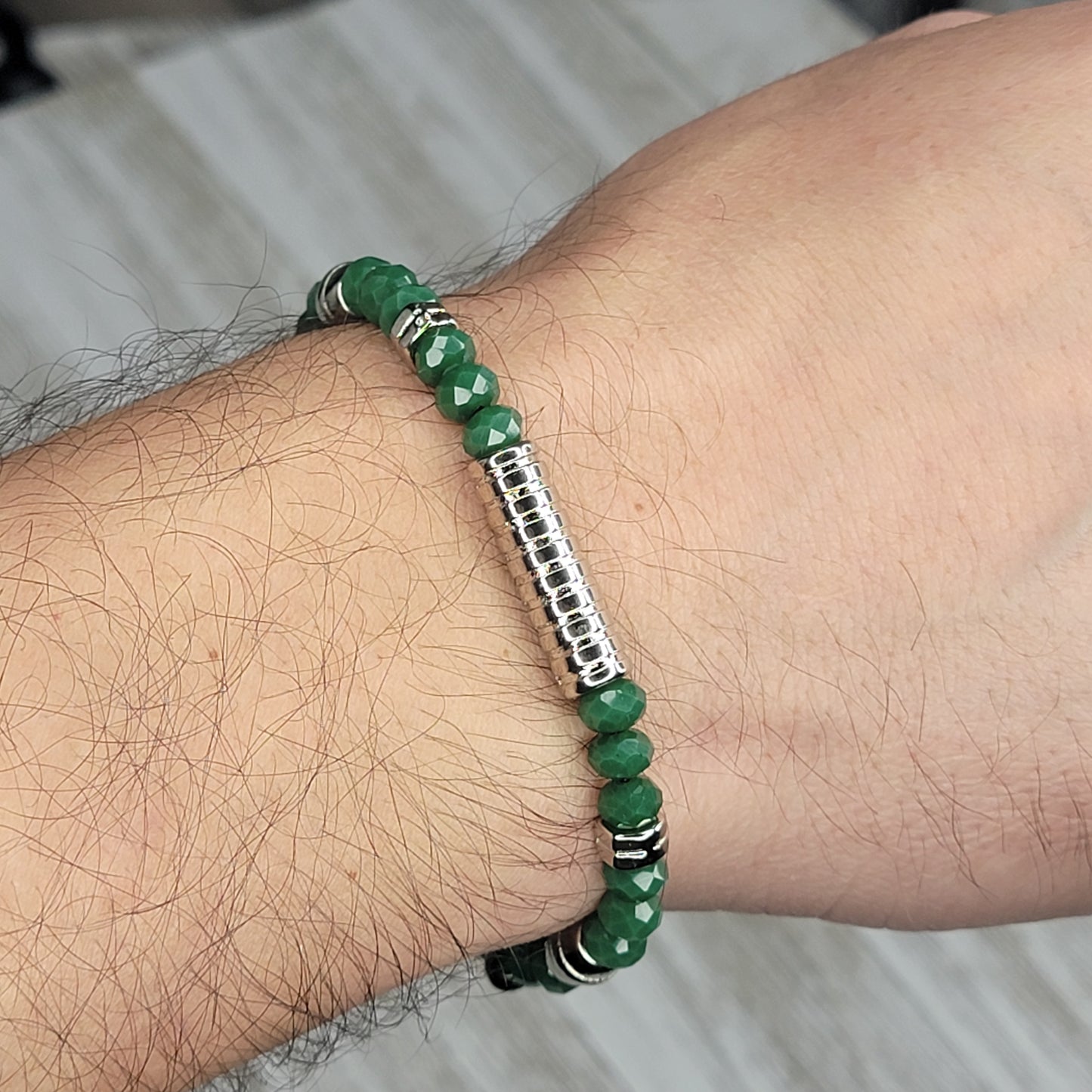 Dark Green Adjustable Bracelet With Silver Details for Men (Available in Many Colors of Crystals)