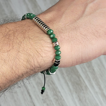 Dark Green Adjustable Bracelet With Silver Details for Men (Available in Many Colors of Crystals)