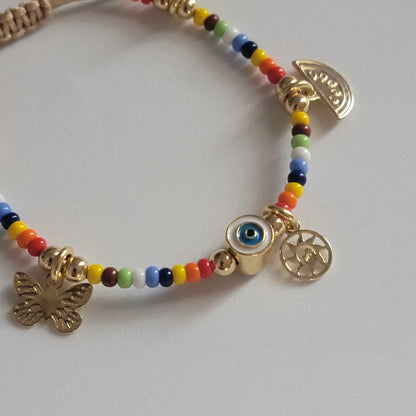 Multicolor Handmade Adjustable Beaded Evil Eye Bracelet with 18k Goldfilled Charms