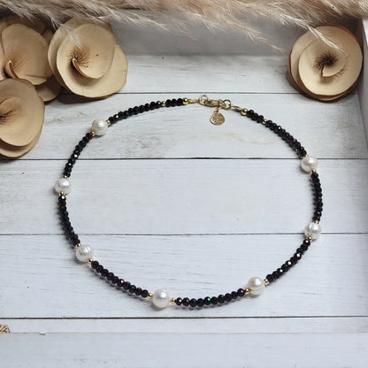 Black Crystal & Freshwater Pearl Necklace