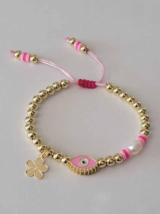 Pink Evil Eye Protection Bracelet 18k Gold-Filled Beads and Flower Charm. Freshwater Pearl